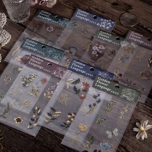 3Pcs/lot Golden Flower Language Decorative Stickers Scrapbooking diy Stick Label Diary Stationery Album Retro plant Sticker