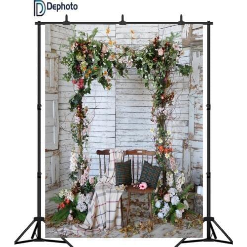 DePhoto Photography backdrops flower tree chair decorated wooden floor wall background photocall photobooth photo shoot