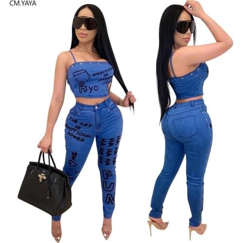 CM.YAYA Club Party Letter Print Fake Jean Women Set Two Piece Set Tracksuits Crop Top Jogger Sweatpants Suit Outfit Matching Set