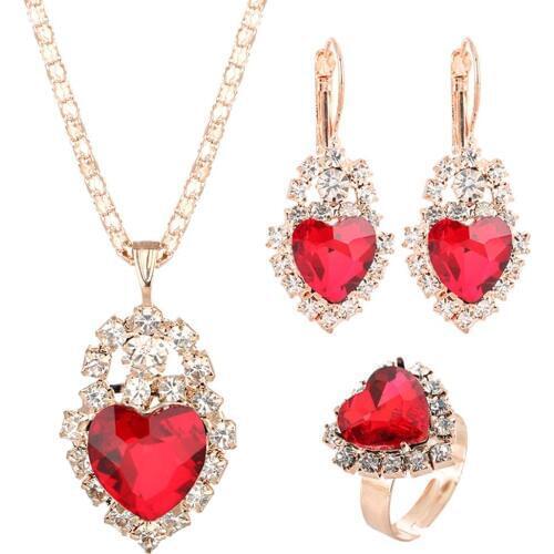 Hot!!! Wedding Heart Pendant Rhinestone Inlay Necklace Earrings Ring Bridal Jewelry Set