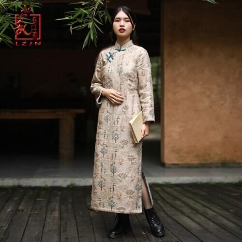 LZJN Long Sleeve Women Chinese Style Dress Stand Collar Vintage Cheongsam 2019 Winter Warm Fleece Qipao High Quality Dress