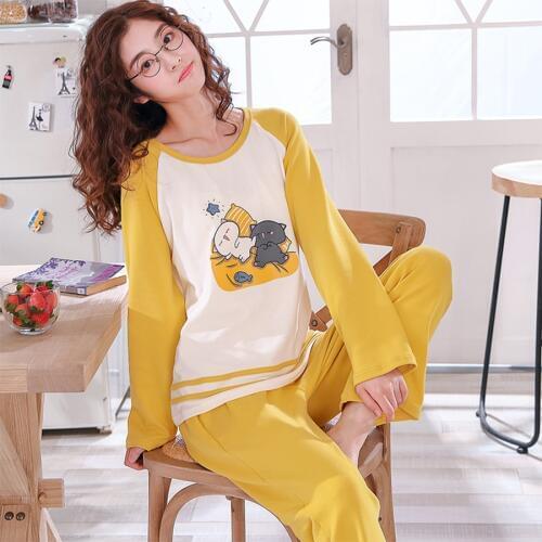 Cute Cartoon Print Cotton 2 Pieces Pajamas Set Women O Neck Long Sleeve Tops Long Pants Sleepwear Nightgown Plus Size Homewear