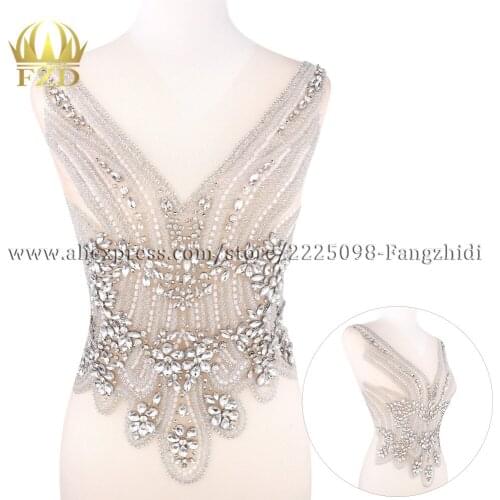 FZD 1 Set Nude Mesh Clear front&back Crystal Stone V-neck Patches white beads for Wedding Dresses, DIY Decorative Clothes