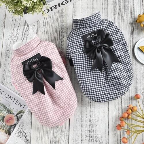 Houndstooth Dog Clothes For Small Dogs Girls Boy With Big Black Bow Luxury Pet Dresses Jacket Outfit Autumn Winter Cat Accessory
