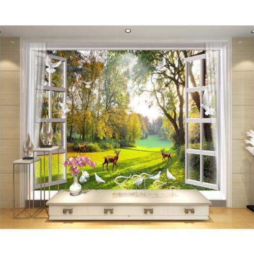 Custom photo wallpaper Outside the window atural scenery Trees deer Pigeons TV wallpaper home decor papel pintado beibehang