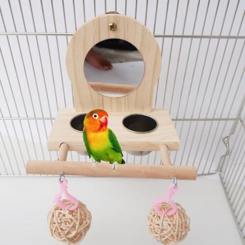 Parrots Mirror Play Stand Platform Wooden Bird Perch Playgym Playground with Stainless Steel Feeder Cup Bowls Chewing Balls
