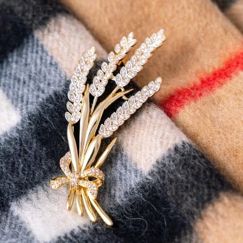 Luxury Gold Color Wheat Ear Brooches Rhinestone Bowknot Pin Women Flower Corsage Scarf Dress Coat Accessories Wedding Jewelry