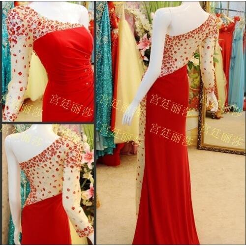 Luxury crystal red prom dresses formal brides evening gowns one shoulder party black long sleeves chiffon Graduation Dresses