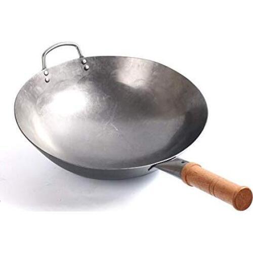 Wok Pan, 1.8 mm Thickness Chinese Traditional Hand Hammered pan Iron Wok Uncoated Carbon Steel Non-stick Pot Round Cookware