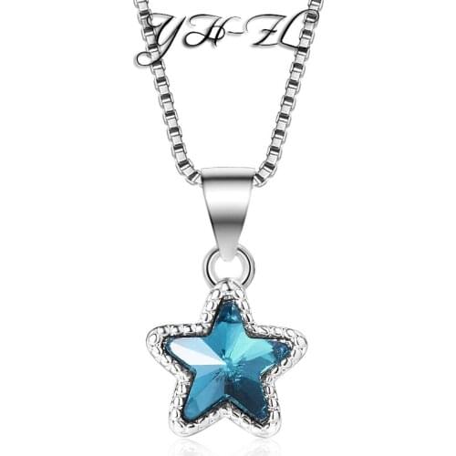 YH-ZL New Simple Fashion Ocean Blue Crystal Little Star Necklace For Women Girl 925 Sterling Silver Jewelry
