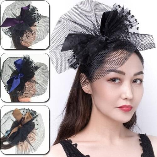 Womens Personality Gauze Mesh Polka Dot Bow Headband Ball Party Banquet Tiara Bride Tiara Birthday Hat Hair Accessory