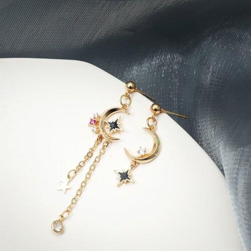 Asymmetric Star and Moon Zircon Earrings for Women Starry Sky Tassel Long Steel Pin Drop Earrings Fashion Gift 2020 Trend New