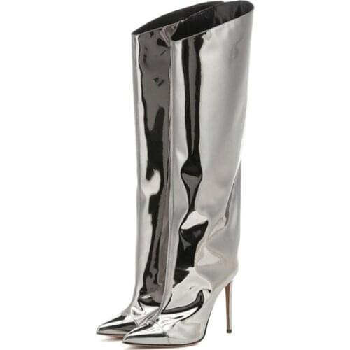 Nightclub Ladies Demonia Boots Candy Color Mirror Leather Women Knee High Boots High Heels Stilettos Runway Shoes Botas Mujer