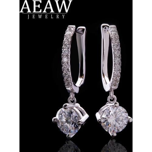 AEAW Solid 14k White Gold 5mm 0.5ct Total1.3ctw Round Cut Bridal Dangle Moissanite Drop Earrings For Women