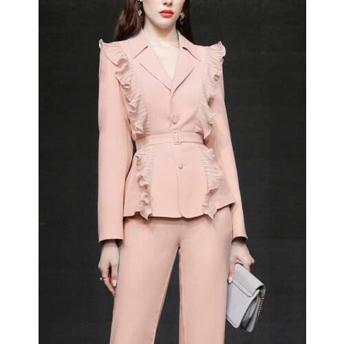 Spring New Suits For Women 2021 High End Elegant Pleated Ruffles Patchwork Two Piece Sets Womens Office Lady Pink Suit Sets
