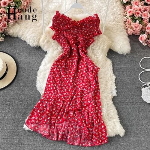 HangCode Fashion V-neck Backless Ruched Ruffles Summer Dress Women Elegant Floral Print Asymmetrical Chiffon Dress Party Vestido