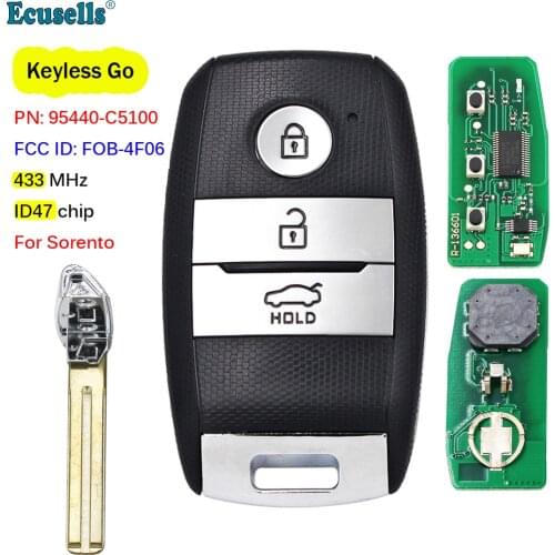 3 Buttons Keyless Go Smart Remote Key Fob FSK 433MHz ID47 Chip for KIA Sorento 2015 2016 2017 FCCID: FOB-4F06 P/N: 95440-C5100