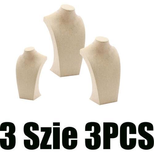 3 Pcs Linen Wooden Necklace Display Bust Stand Mannequin - Jewelry Holder for Necklaces Chain, Choker, Pendant - Beige