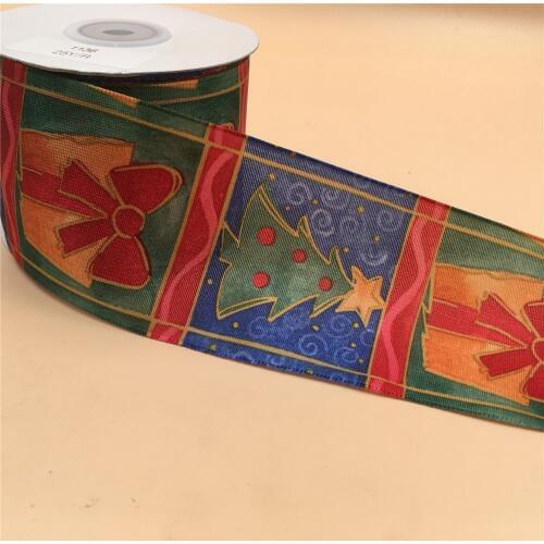63mm X 25yards Wired Edge Heat Transfer Printing Christmas Tree Silk Ribbon. Gift Bow,Wedding,Cake Wrap,Tree Decoration N1136
