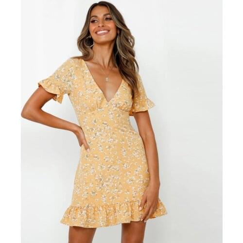 Ardm Summer Floral Print V-Neck Short Sleeve Dress Holiday Style High-Waist Ruffled Women Dress Fashion Female A-Line Mini Dress