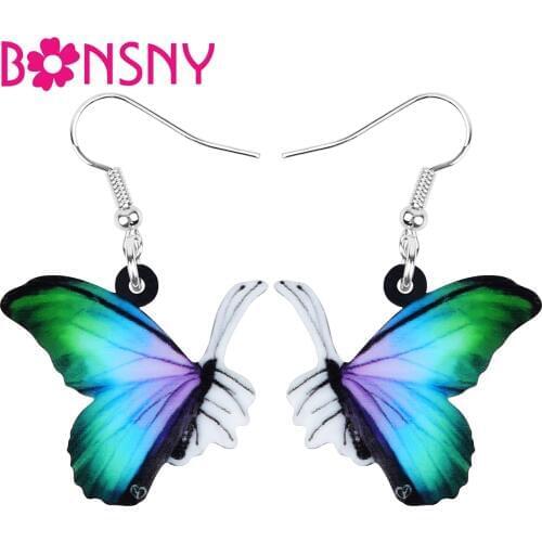 Bonsny Acrylic Green Morpho Butterfly Insect Earrings Long Printing Animal Dangle Drop Jewelry For Women Girl Spring Charm Gift