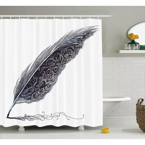 Feather House Decor Shower Curtain Image of a Dated Classic Quill Pen Feather with Leaf Motifs on One Side Fabric Bathroom Decor