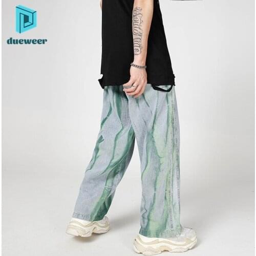 Dueweer Graffiti Wide Leg Jeans Men Streetwear Baggy Denim Jeans Hip Hop Tie Dye Jeans Pants Distressed Colored Trousers