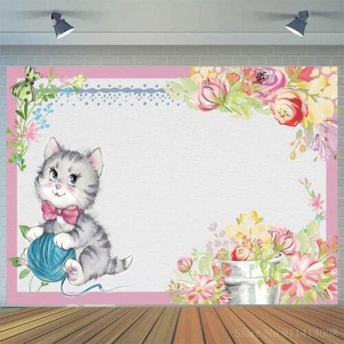 Cute Cat Rabbit Girl Birthday Photo Frame Backdrops Flowers Newborn Baby Shower Customize Photography Background For Cake Table