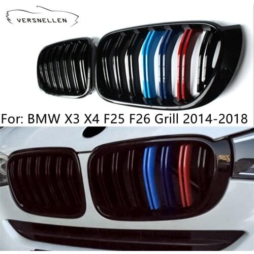 Glossy Black Racing Grills for BMW X3 X4 F25 F26 2014-2018 M Look Front Grills Carbon Fiber 2- Slats Kidney Grille Replacement
