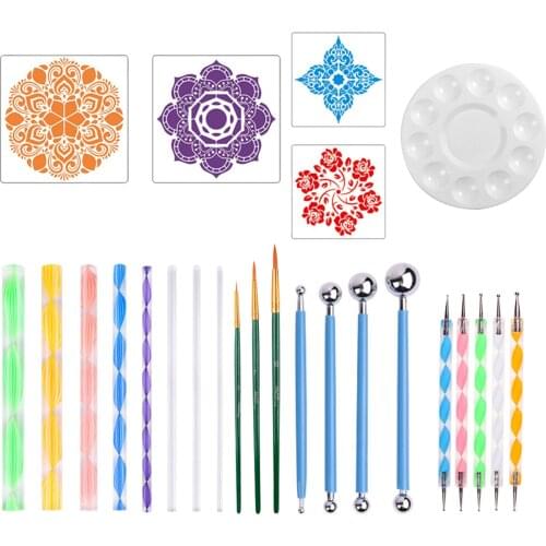 Mandala Painting Dotting Tools with Dotting Rods Ball Stylus Pens Stencils Paint Tray for Wood Canva Rocks Fabric Wall Art