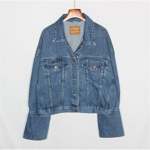 Vintage Black Blue Denim Jacket Women Loose Pocket Flare Sleeve Outerwear Big size Short Jeans Jacket Coat Female Chaqueta Mujer