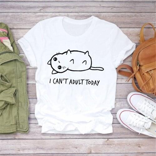 LUSLOS Summer Women Short Sleeve T Shirt Casual White Polyester I CAN'T ADULT TODAY Funny Cat Print Girls Tshirts Ladies T-shirt