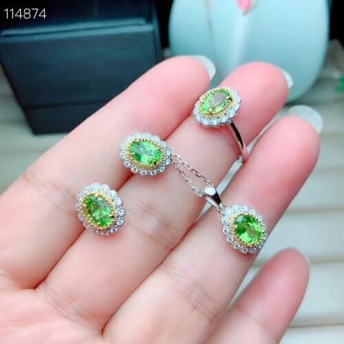 The Best Gift for Your loved Girl Peridot Jewelry set 925 sterling silver 1pc Ring,1pc Pendant,2pcs Earring