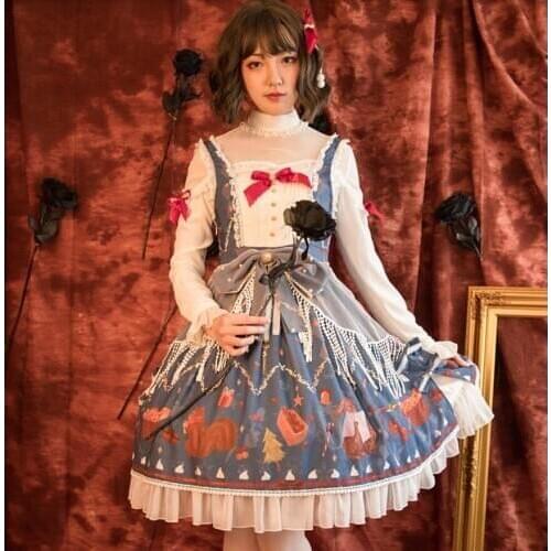 Cute Kawaii Design Lolita JSK Print Dress + Long Sleeve Shirt Sweet Set Cos Loli Tea Party Vintage Princess Dress