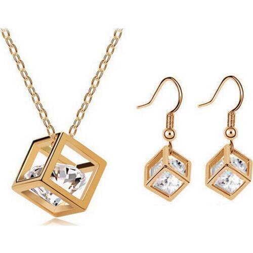 Square shape setting cubic zirconia necklace earrings sets copper material party Jewelry sets for women and girls