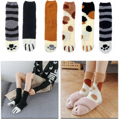 1 Pair Thickening Women Ladies Cat Paw Pattern Bed Socks Fluffy Warm Soft Socks