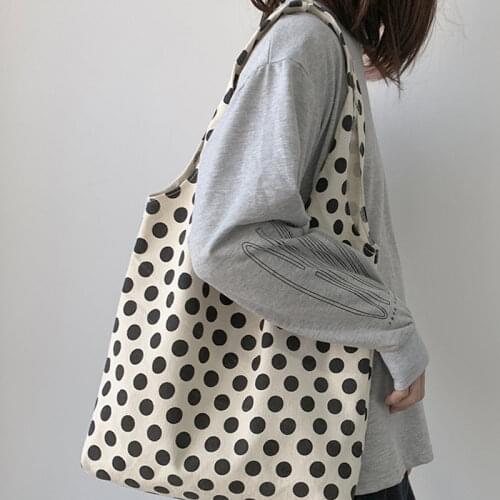 2021 New Polka Dot Canvas Shoulder Bag College Student Class Bag Simple Japanese and Korean Style Portable Shopping Bag