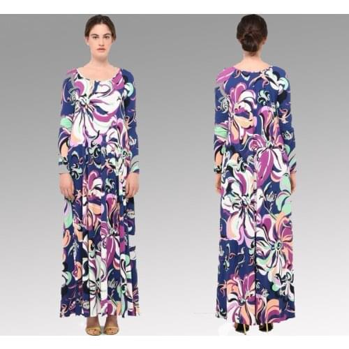 New Bohemia sun printed long sleeves, fashionable womens elastic knitted silk dress