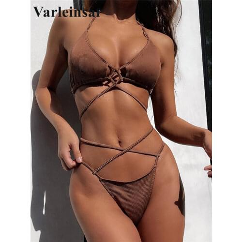 New Sexy Halter Ribbed Bikini Women Swimwear Female Swimsuit Two-pieces Bikini set Wrap Around Bather Bathing Suit Swim V2956