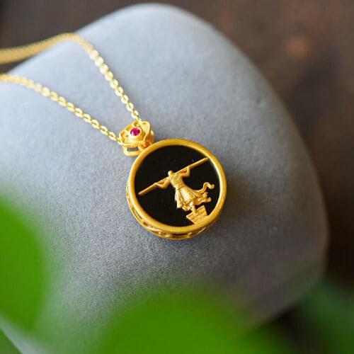 Great Sage Return Pattern Pendant Exquisite Fashion National Trendy Style S925 Sterling Silver Inlaid Hetian Dark Jade round Cak