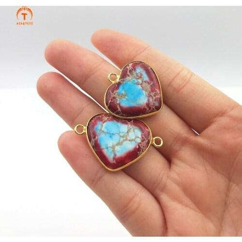 5pcs Fashion Natural Blue Emperor Stone Heart Shaped Pendants Diplopore Connector Charm Woman Jewelry Necklace Bracelet Making