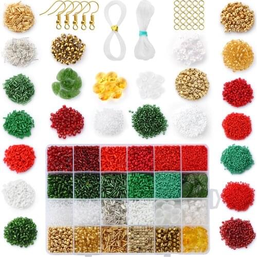 Christmas Set Millet Beads Tube Beads Metal Round beads Leaves Pendnats Elastic Wire Ear Hook Open Ring For DIY Making Jewelry