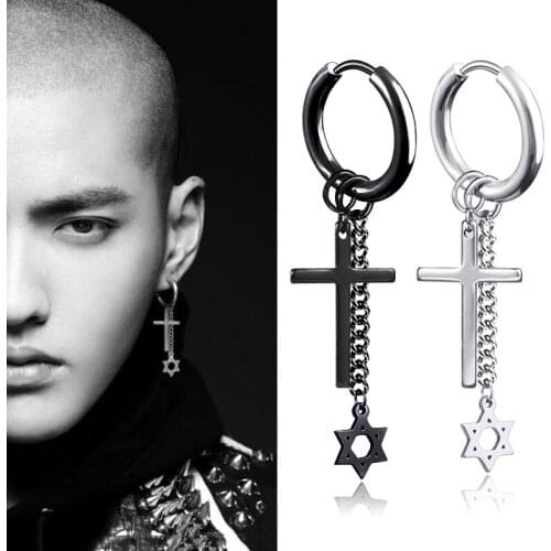 SOHOT Unisex Titanium Stainless Steel Hoop Earrings Star Cross Geometry HipHop Chic Long Tassel Chain Man Black Wholesale Punk