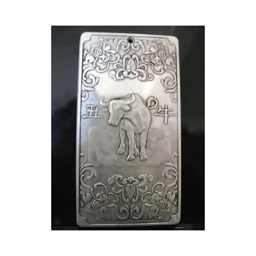 Tibetan Silver Carving Chinese Zodiac Cow Statue Thangka Amulet Metal Plate