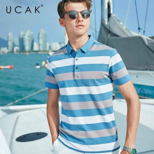 UCAK Brand Classic Turn-down Collar Striped T-Shirt Men Clothes Summer New Fashion Style Streetwear Casual Cotton Tee Tops U5601