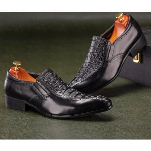 ZGZJYWM Fashion Men High Quality Comfortable Crocodile Style Genuine Leather Slip-On Pointed Toe Flats Oxfords Wedding Men Shoes