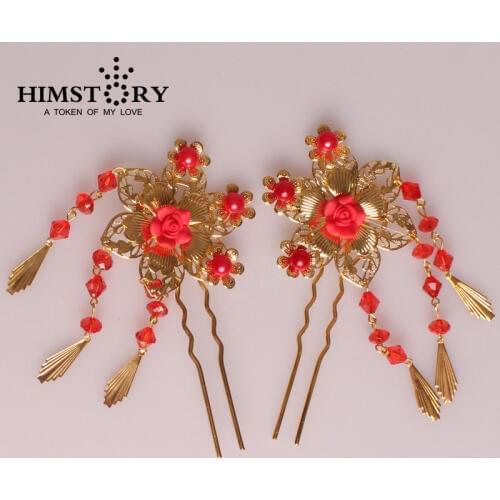 Hot Sale Bride Hair Stick Bridal Hairwear Chinese Style Tassel Red Wedding Hair Accessories Costume Bridal Tiaras