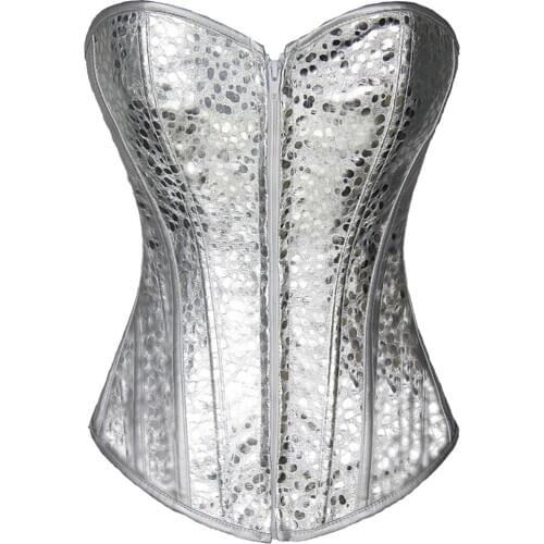 Women Sexy Punk Faux Leather Corset Lace Up Corset Bustiers Waist Cincher Top Burlesque Zipper up Overbust Corselet Silver