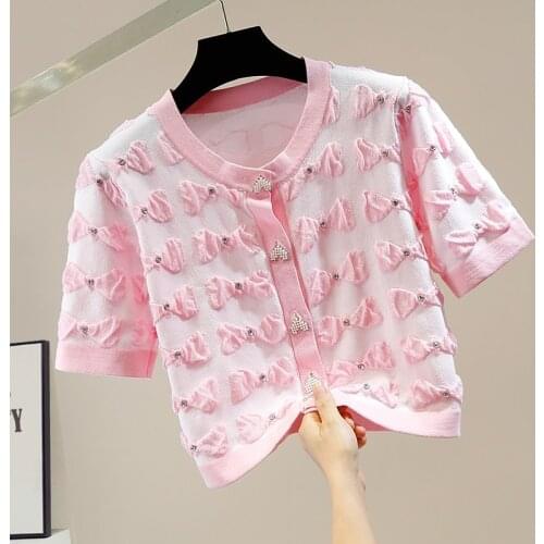 2021 Folded Bowknot Diamond Knitted Cardigan Top Love Diamond Button Womens Summer O-Neck Single Breasted Short Sleeve Sweater