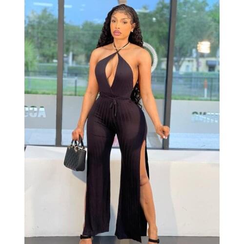 Deep V Neck Ribbed Knit Split Long Jumpsuit Halter One Piece Overalls Women Sexy Open Back Sleeveless Rompers Playsuit Bodysuit